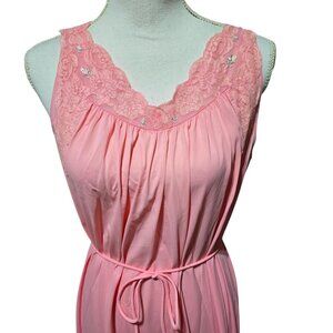 Vtg Shadowline Pink Sleeveless Lace Trim Long Nightgown Tie Waist Womens Sz M